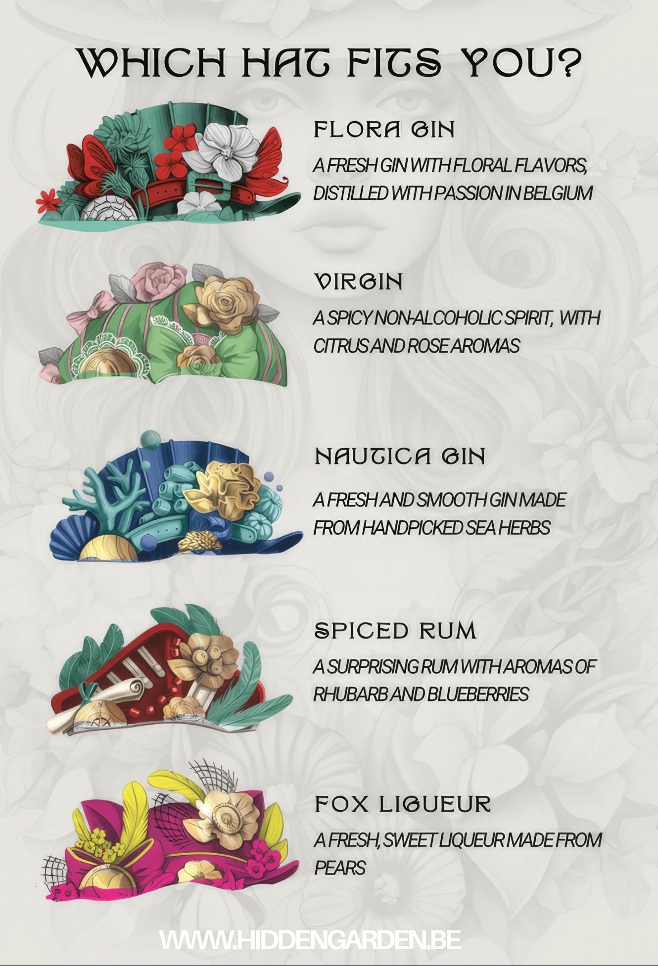 Which hat fits you? — Flora Gin, Virgin, Nautica Gin, Spiced Rum, Fox Liqueur